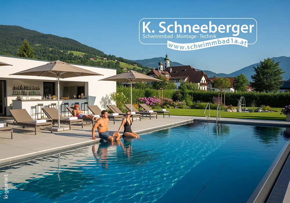 Familie entspannt an einem moderenen Pool für ihren Garten in Österreich