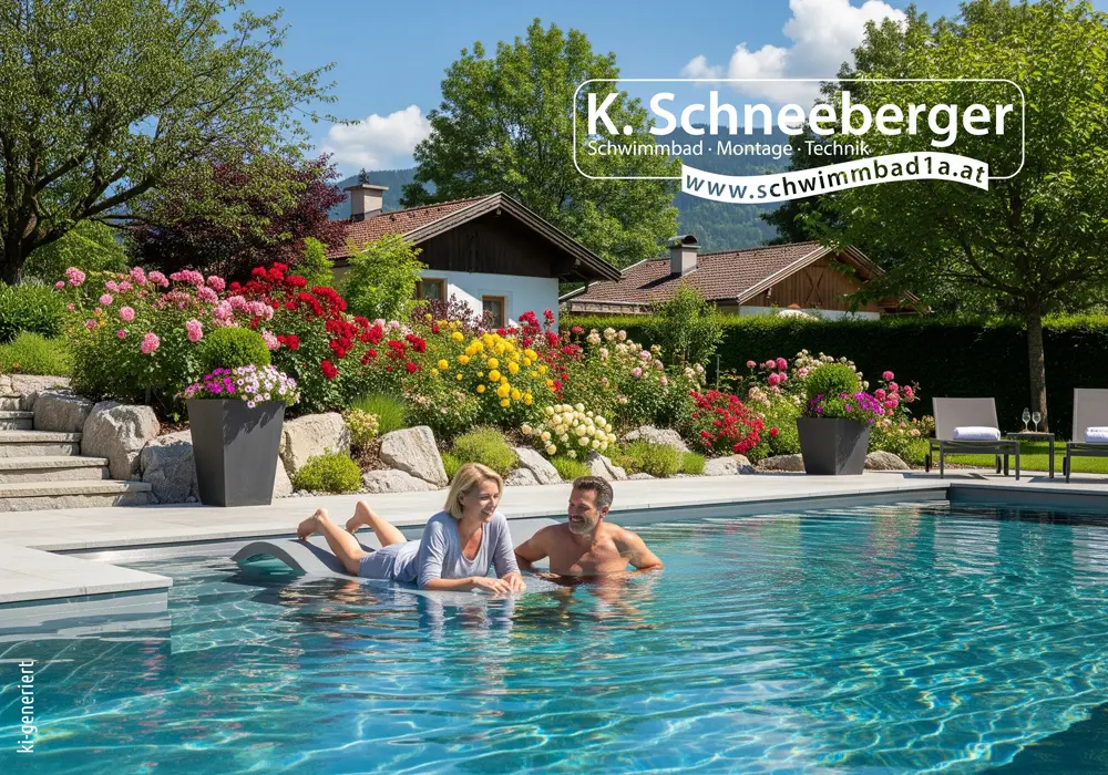 Ein Pärchen genießt das eigene Pool im Garten