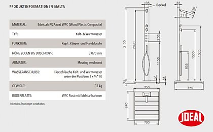 Kalt-Warmwasserduschen Malta Technische Daten