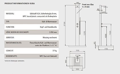 Kalt-Warmwasserdusche Kuba Technische Daten