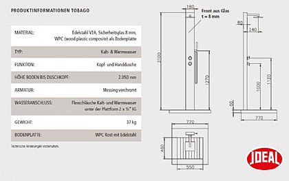 Kalt-Warmwasserdusche Tobago Techische Daten